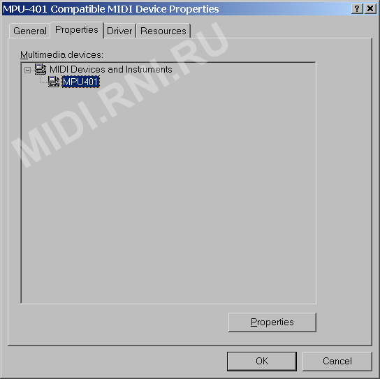 MPU-401 Compatible MIDI Device Properties screen shot
